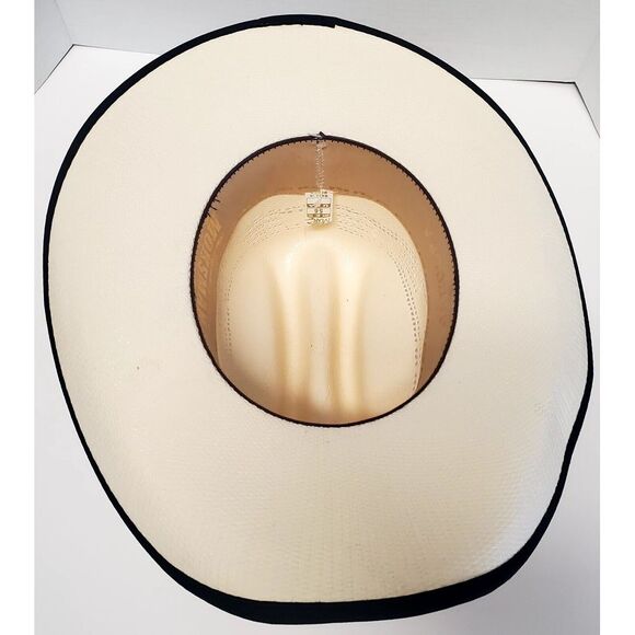 MoksMan 100X Bangora Western Cowboy Hat SZ 7 Legendary Hats Ivory Woven w/ Black - Picture 10 of 16